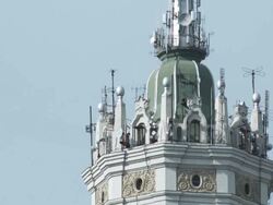 CU TD Detail of Kotelnicheskaya Embankment building (One of Stalin's Seven Sisters) / Moscow, Russia Stock Footage