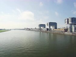 WS three Cranehouses in city located near River / Cologne, North Rhine-Westphalia, Germany Stock Footage