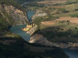AERIAL WS Rock outcrop along River Drac in Maritime Alpes / Rhone-Alpes, France Stock Footage