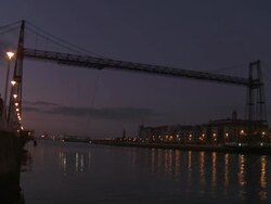MS View of Vizcaya transporter bridge in night / Bilbao estuary, Biscaye, Spain Stock Footage