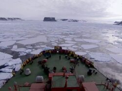 POV, HA, Tourists on bow of icebreaker traveling towards Rubini rock, Russia Stock Footage