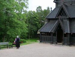 Oslo, Bygdoy, Folk museum, Stavkirke woodwn stave church from Gol, 13th century Stock Footage
