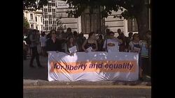 Gay rights protesters in Trafalgar Square News Clip