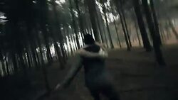 POV Killer chasing a woman through the forest Stock Footage