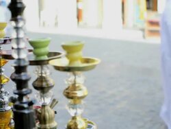 CU PAN General store with water pipes, hookahs in bazaar / DOHA, QATAR Stock Footage