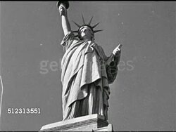 1945: NEW YORK CITY: WS Passenger ship on ocean. BEHIND Passengers on deck looking at Statue of Liberty. TU Statue of Liberty. MS People on deck smiling. MS Top of 'Lady Liberty' holding torch. REPRISAL: People (Gertrude & Walter Haas) leaving ship. Instructional Video