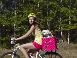 Young girl riding bicycle with pet dog Stock Footage