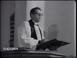 1966: SAINT PAUL'S CHURCH: Angled WS Reverend Dillard in pulpit speaking to Caucasian congregation FG. MS Rev. Dillard, SOT saying yesterday, all played it cool, in denial, could have helped, choices as witness, how able to respond to God.   Civil Rights. Instructional Video
