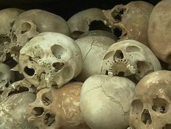Pan Left Shot Skull In Killing Fields Phnom Penh Cambodia Stock Footage