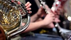 Horn player in symphony orchestra Stock Footage