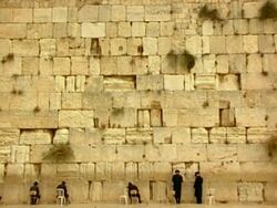 WS, group of men praying facing Wailing Wall, Jerusalem, Israel Stock Footage