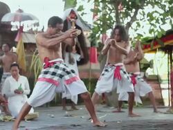 MS Men typical performing traditional dance at temple (Barong dance) AUDIO / Bali, Indonesia Stock Footage