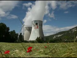 View of Cruas Nuclear power station from corn field, France, Ardeche Stock Footage