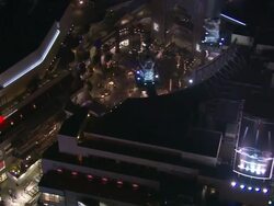 Aerial MS TS past Kodak Theatre, Hollywood Boulevard, California, United States Stock Footage