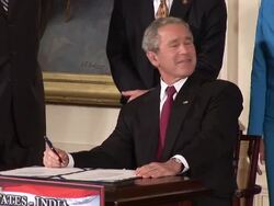 October 8, 2008 US President George Bush speaking and signing the US India Nuclear Cooperation Approval and Non-Proliferation Enhancement Act/ MS PAN Bush shaking hands with dignitaries and walking off/ Washington DC Stock Footage