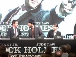 Guy Ritchie, Robert Downey Jr, Jude Law, Noomi Rapace, Lionel Wigram at the Sherlock Holmes Game of Shadows press conference at One Mayfair on 12th December 2011 in London, UK Stock Footage