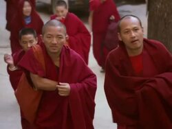 MS POV Tibetan Monks walking towards / Dharamsala, Himachal Pradesh, India Stock Footage