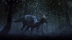Rain falls on a Parasaurolophus as it forages in a forest. Stock Footage