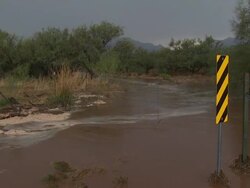 Flash flood looking along desert arroyo, Sonoran Desert, Arizona, USA Stock Footage