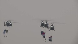 Protesters gather in Tahrir Square, helicopters fly past with Egyptian flags News Clip