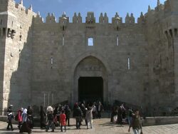 WS Shot of People at Damascus gate (Nablus Gate) in old city / Jerusalem, Judea, Israel Stock Footage