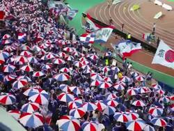 MS Shot of Fans at soccer game in Nissan Stadium / Yokohama, Kanagawa, Japan  Stock Footage
