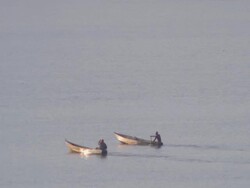 WS Two fishing canoes on lake / Buikwe, Uganda Stock Footage