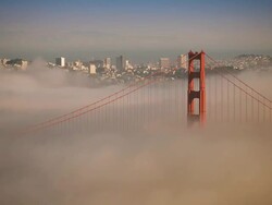 WS T/L View of golden gate bridge with ine tower sticking out of fog / San Francisco, California, United States Stock Footage