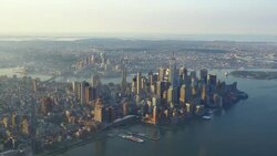 WS AERIAL POV View of modern skyscrapers in downtown with Freedom Tower / Manhattan, New York City, New York State, United States Stock Footage