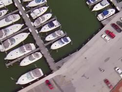 Aerial boats moored in marina, Lake Michigan Stock Footage