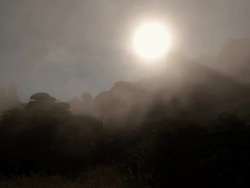 W/S karstic landscape, fog, sun Stock Footage