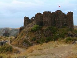 Amberd castle, view of the castle and Vahramashen church in the buckground Stock Footage