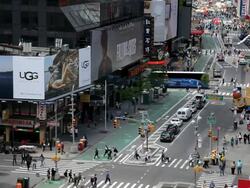 View looking towards Times Square New York Manhattan thronged with tourists on a busy day, North America, USA Stock Footage