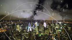 animated data numbers stream connected with city skyline background. business networking concept Stock Footage