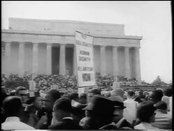 B/W August 28, 1963 crowd with signs in front of Lincoln Memorial / March on Washington / newsreel Stock Footage