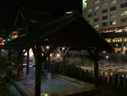 WS View of Ashiyu, traditional way for cool down of hot water at most famous hot spring, Kusatsu Onsen / Kusatsu, Gunma Prefecture, Japan  Stock Footage