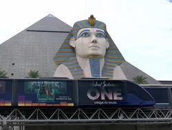 Monorail trams and sphinx at Luxor Stock Footage