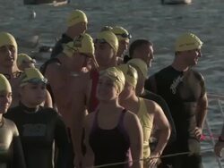 MS triathletes waiting for swim start / Chicago, Illinois, USA Stock Footage