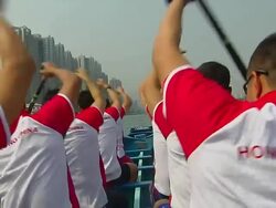 Close Up Shot People Rowing Dragon Boat Hong Kong Kwangtung China Stock Footage