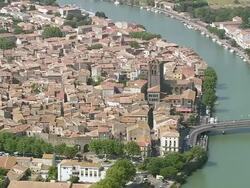 WS AERIAL ZI ZO View of Agde city with river / Languedoc Roussillon, France Stock Footage