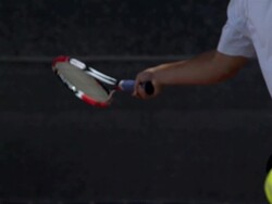 SLO MO, CU, Man's hand hitting tennis ball with racket, Santa Barbara, California, USA Stock Footage