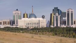 Central Asia, Kazakhstan, Astana, City Skyline and Ak Orda Presidential Palace of President Nursultan Nazarbayev Stock Footage