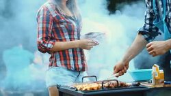 Friends having barbecue party. Stock Footage