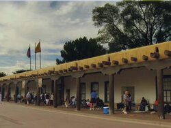 WS, Native American jewelers selling their handiwork at Palace of the Governors colonnade, Santa Fe, New Mexico, USA Stock Footage