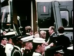 President and Mrs. Richard Nixon leave Washington, D. C. in a helicopter as family and staff watch. Stock Footage