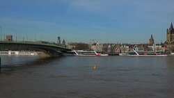 Rhine River, Deutzer BrÃ¼cke and skyline, Cologne, North Rhine-Westphalia, Germany Stock Footage