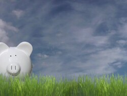 Piggy bank on green field. Savings, finance, banking, economy concept. Stock Footage