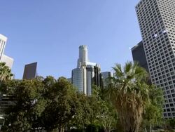 Slow motion pan looking up at sky scrapers in Los Angeles. Stock Footage
