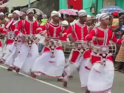 MS View of Traditional dancers taking part in Seenigama annual Perahera parade AUDIO / Sinigama, Southern Province, Sri Lanka Stock Footage