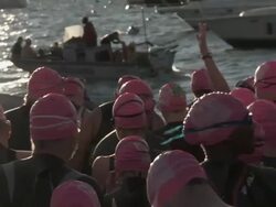 MS triathletes waiting for swim start / Chicago, Illinois, USA Stock Footage